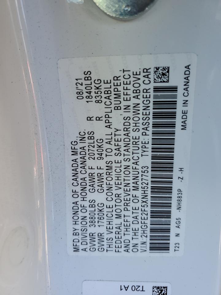 2022 HONDA CIVIC SPORT VIN:2HGFE2F5XNH527753