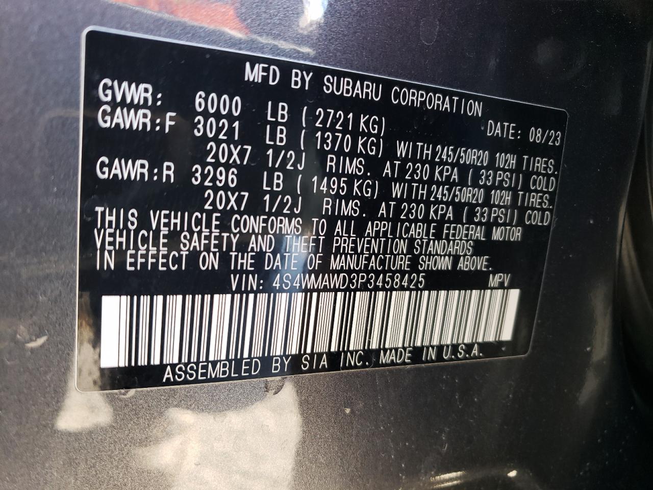 2023 SUBARU ASCENT TOURING VIN:4S4WMAWD3P3458425