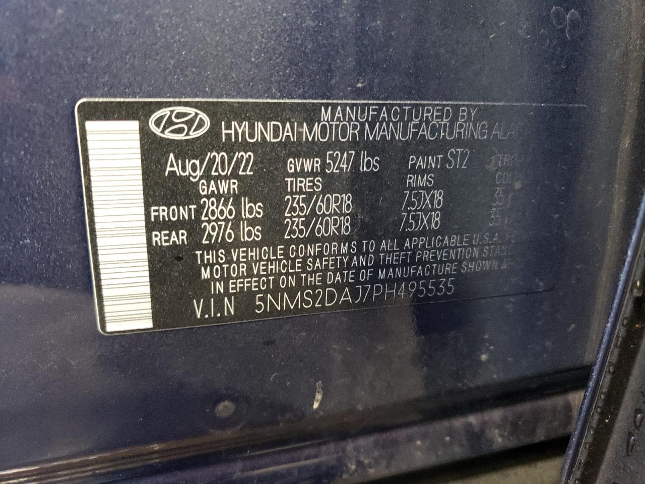 2023 HYUNDAI SANTA FE SEL VIN:5NMS2DAJ7PH495535