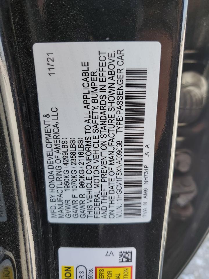 2022 HONDA ACCORD EXL VIN:1HGCV1F5XNA009038