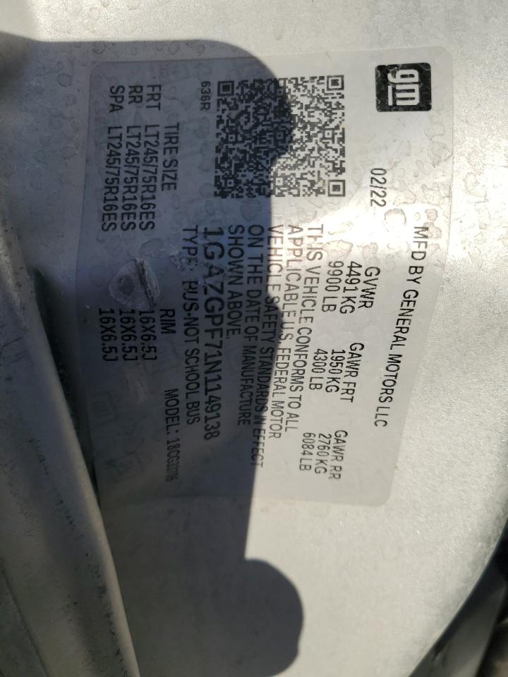 2022 CHEVROLET EXPRESS G3500 LT VIN:1GAZGPF71N1149138