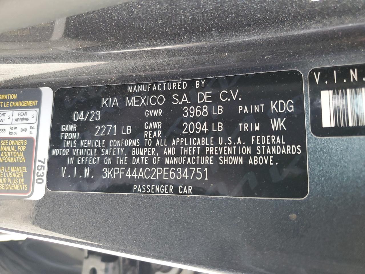 2023 KIA FORTE GT VIN:3KPF44AC2PE634751