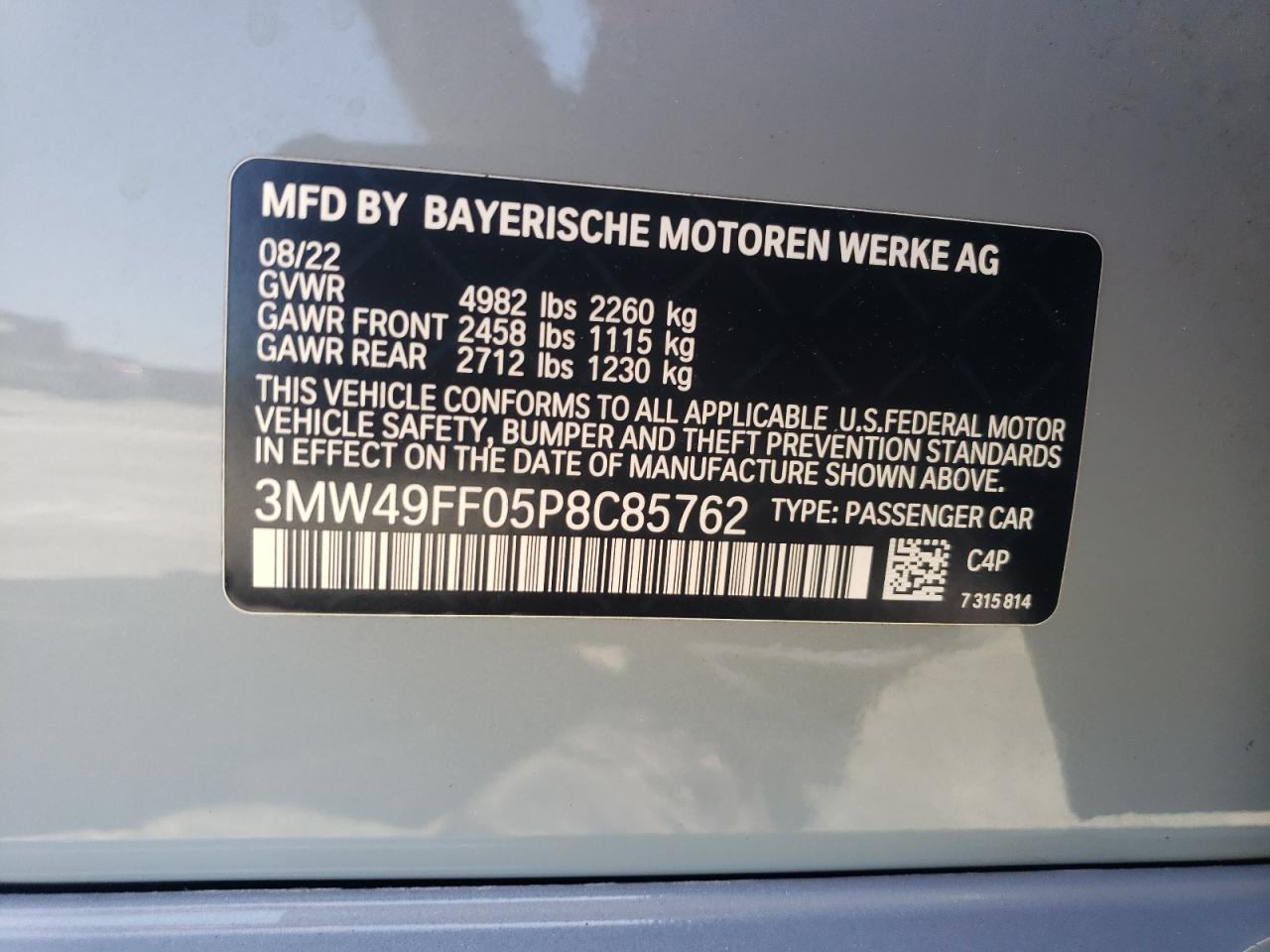 2023 BMW M340XI  VIN:3MW49FF05P8C85762