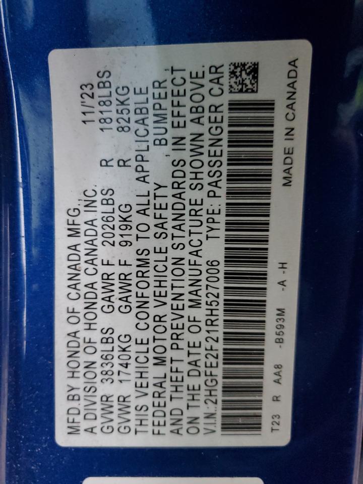 2024 HONDA CIVIC LX VIN:2HGFE2F21RH527006