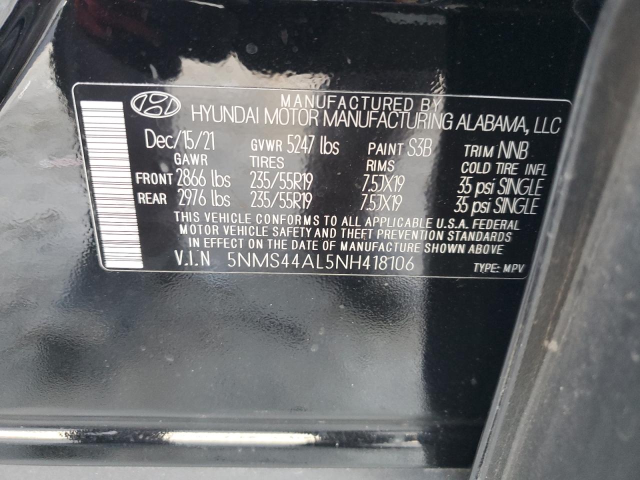 2022 HYUNDAI SANTA FE LIMITED VIN:5NMS44AL5NH418106