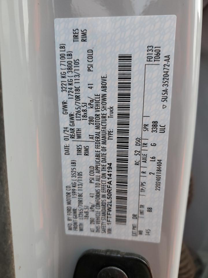 2024 FORD F150 STX VIN:1FTFW2L50RFA14194