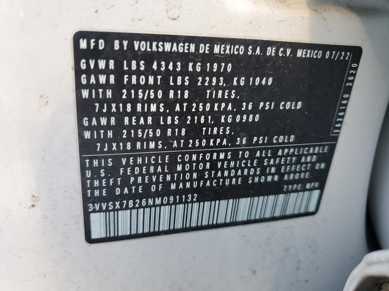 2022 VOLKSWAGEN TAOS SE VIN:3VVSX7B26NM091132
