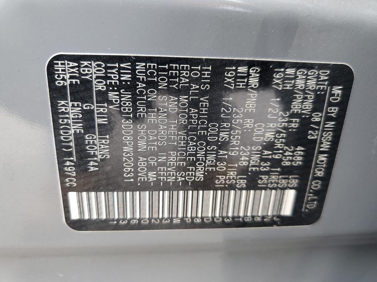 2023 NISSAN ROGUE PLATINUM VIN:JN8BT3DD8PW320631