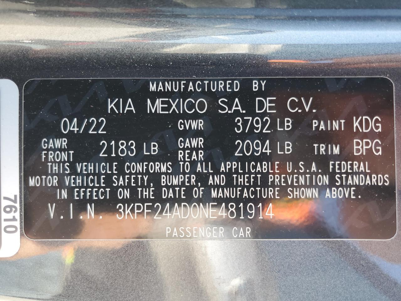 2022 KIA FORTE FE VIN:3KPF24AD0NE481914