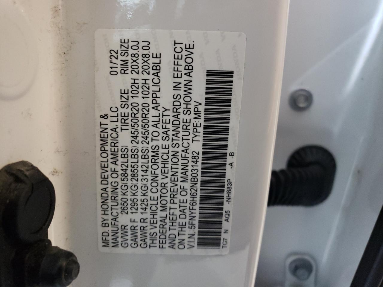 2022 HONDA PILOT TOURING VIN:5FNYF6H62NB031482