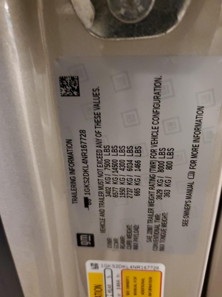 2022 GMC YUKON DENALI VIN:1GKS2DKL4NR167728