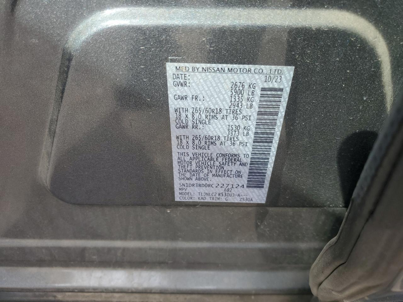 2024 NISSAN PATHFINDER ROCK CREEK VIN:5N1DR3BD0RC227124