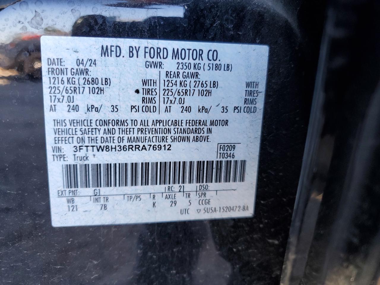 2024 FORD MAVERICK XLT VIN:3FTTW8H36RRA76912
