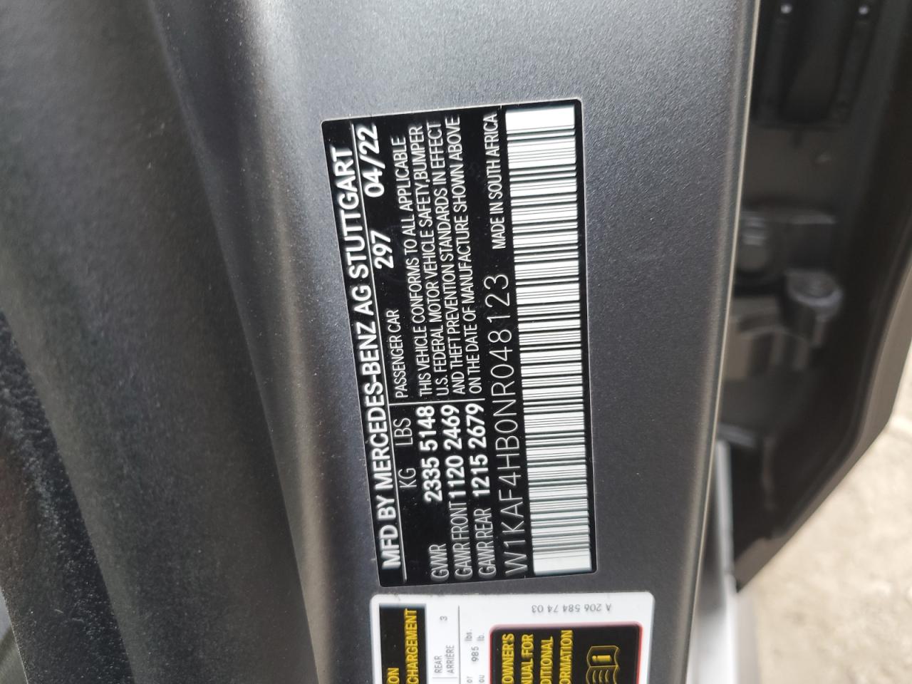 2022 MERCEDES-BENZ C 300 4MATIC VIN:W1KAF4HB0NR048123