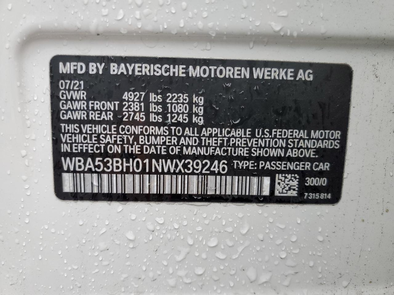 2022 BMW 530 I VIN:WBA53BH01NWX39246