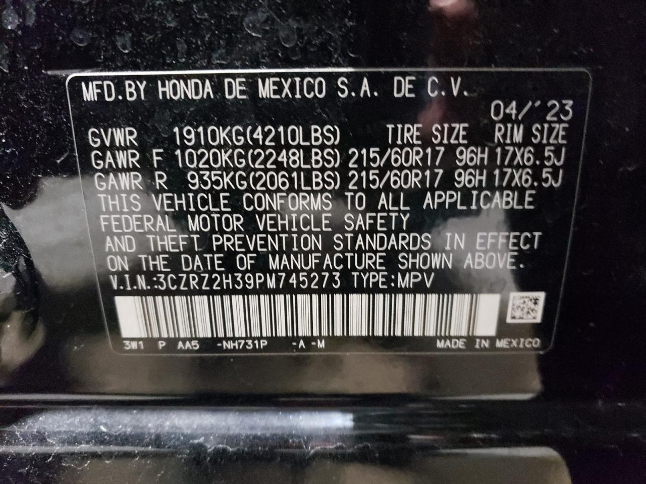 2023 HONDA HR-V LX VIN:3CZRZ2H39PM745273