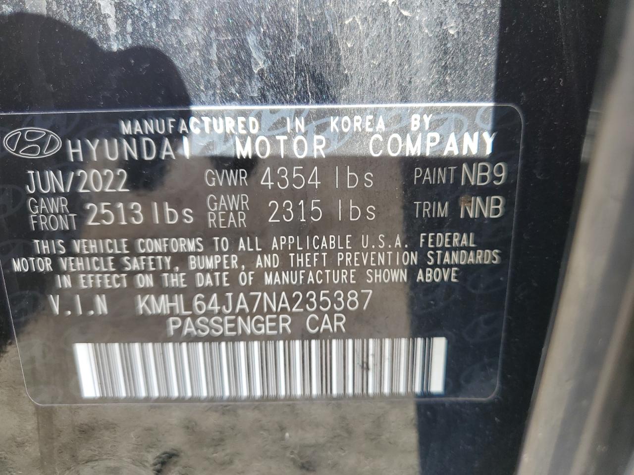 2022 HYUNDAI SONATA SEL VIN:KMHL64JA7NA235387