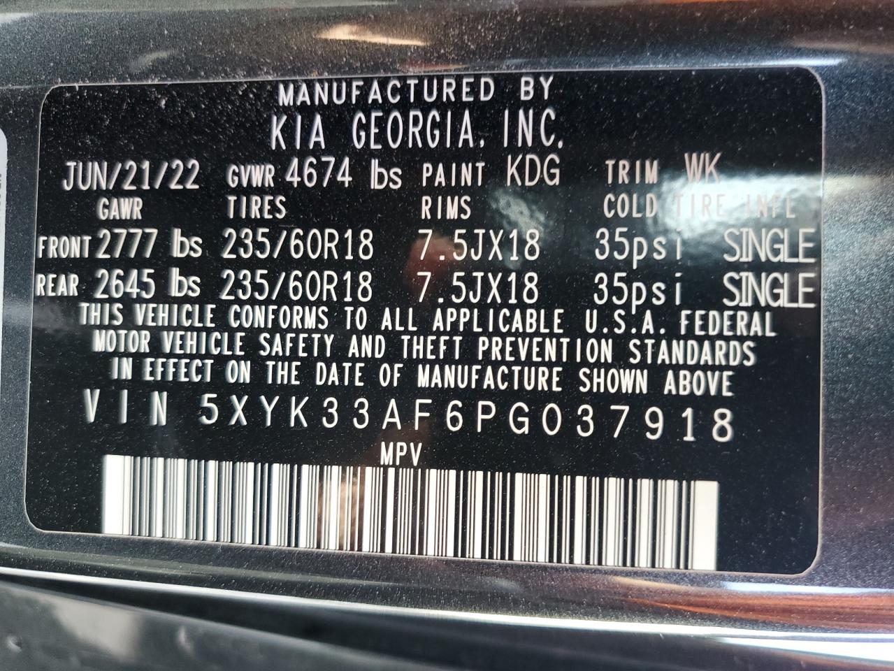 2023 KIA SPORTAGE EX VIN:5XYK33AF6PG037918