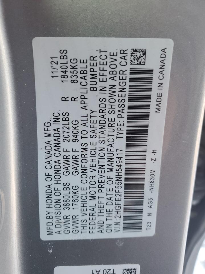 2022 HONDA CIVIC SPORT VIN:2HGFE2F55NH549417