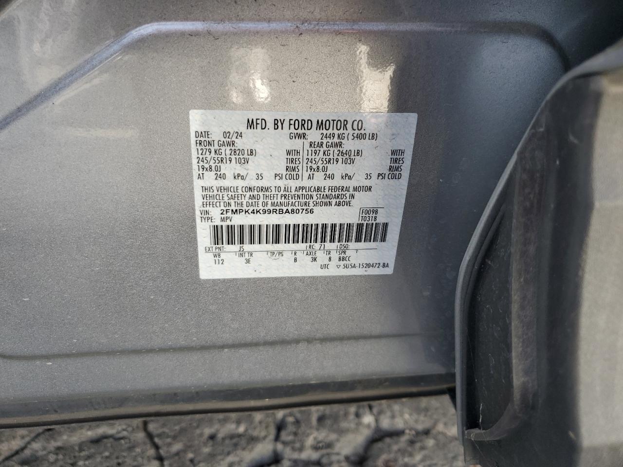 2024 FORD EDGE TITANIUM VIN:2FMPK4K99RBA80756