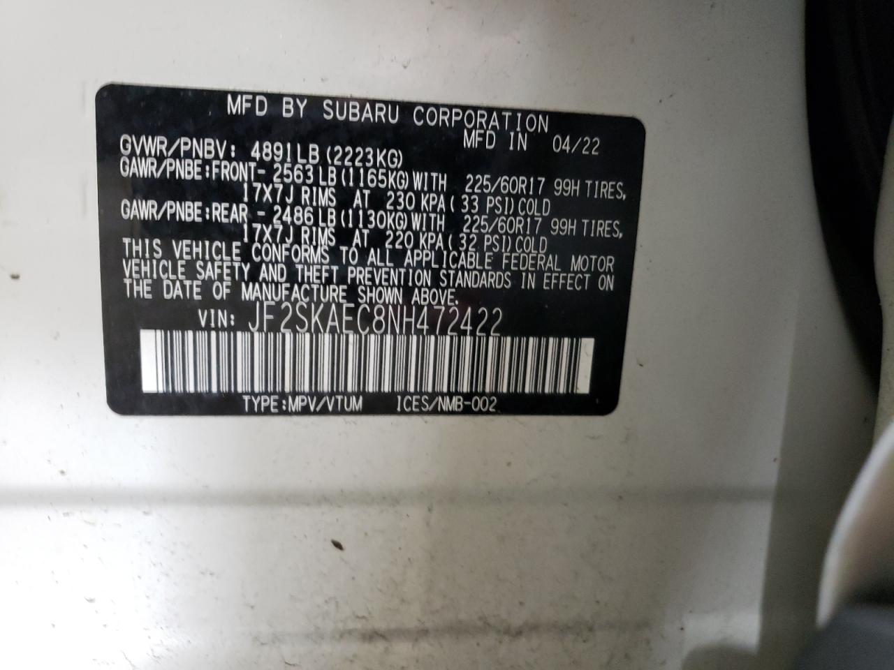 2022 SUBARU FORESTER PREMIUM VIN:JF2SKAEC8NH472422