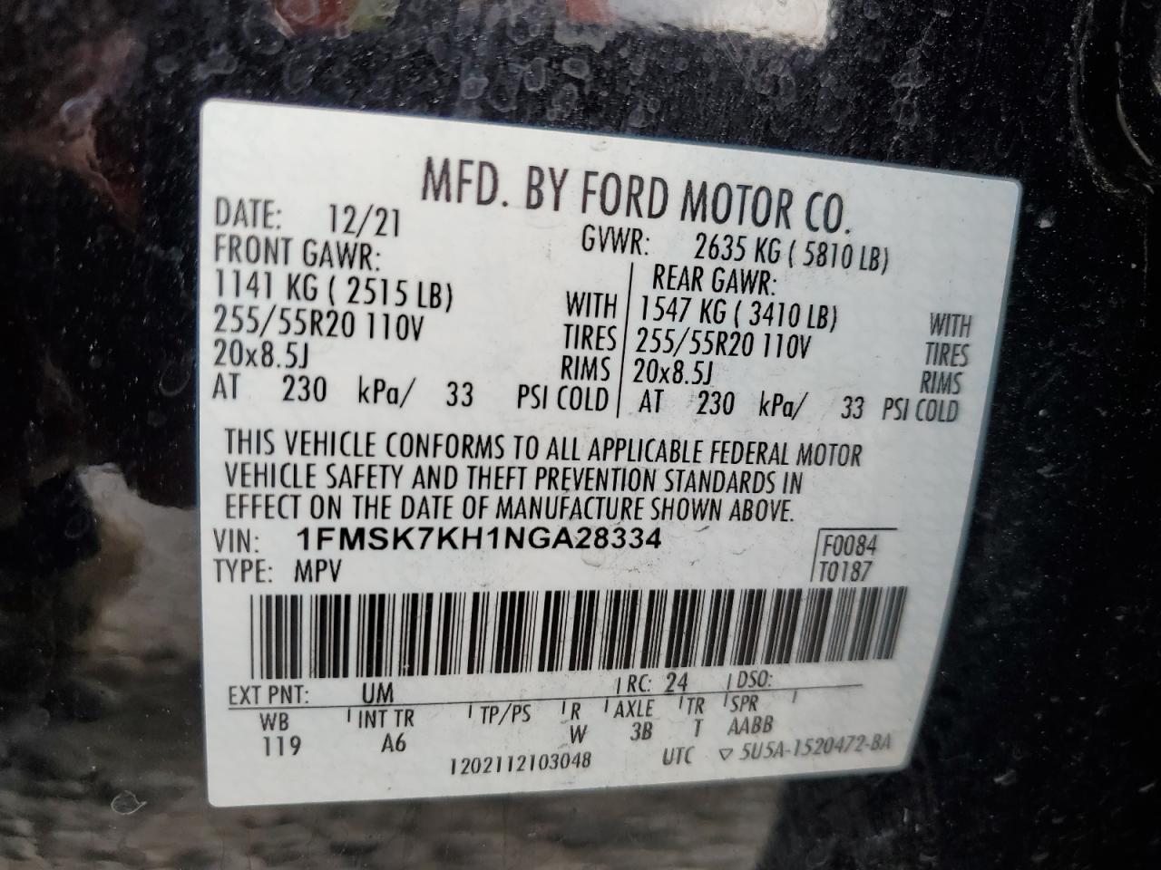2022 FORD EXPLORER ST-LINE VIN:1FMSK7KH1NGA28334