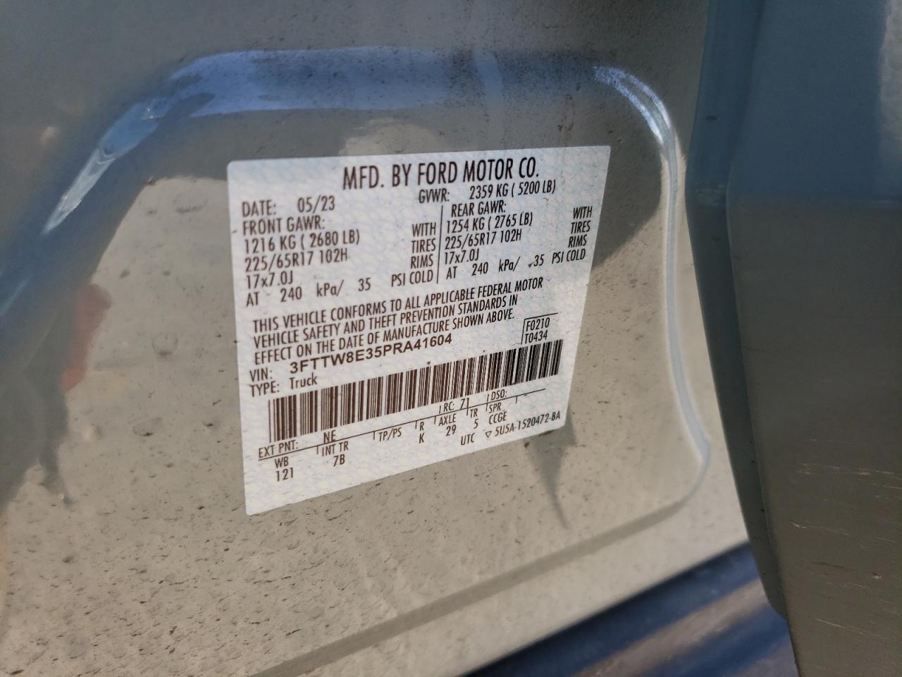 2023 FORD MAVERICK XL VIN:3FTTW8E35PRA41604