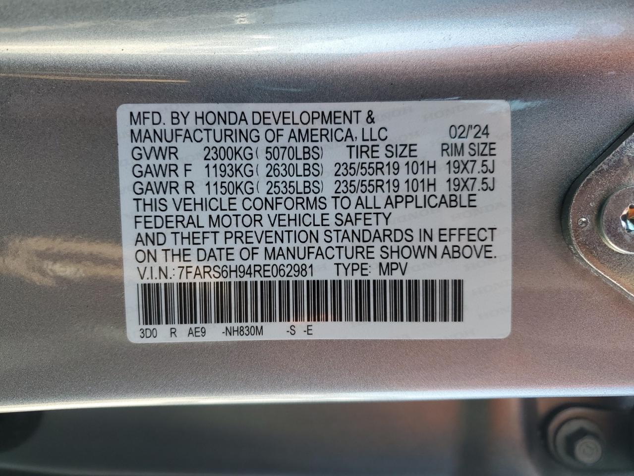 2024 HONDA CR-V SPORT TOURING VIN:7FARS6H94RE062981