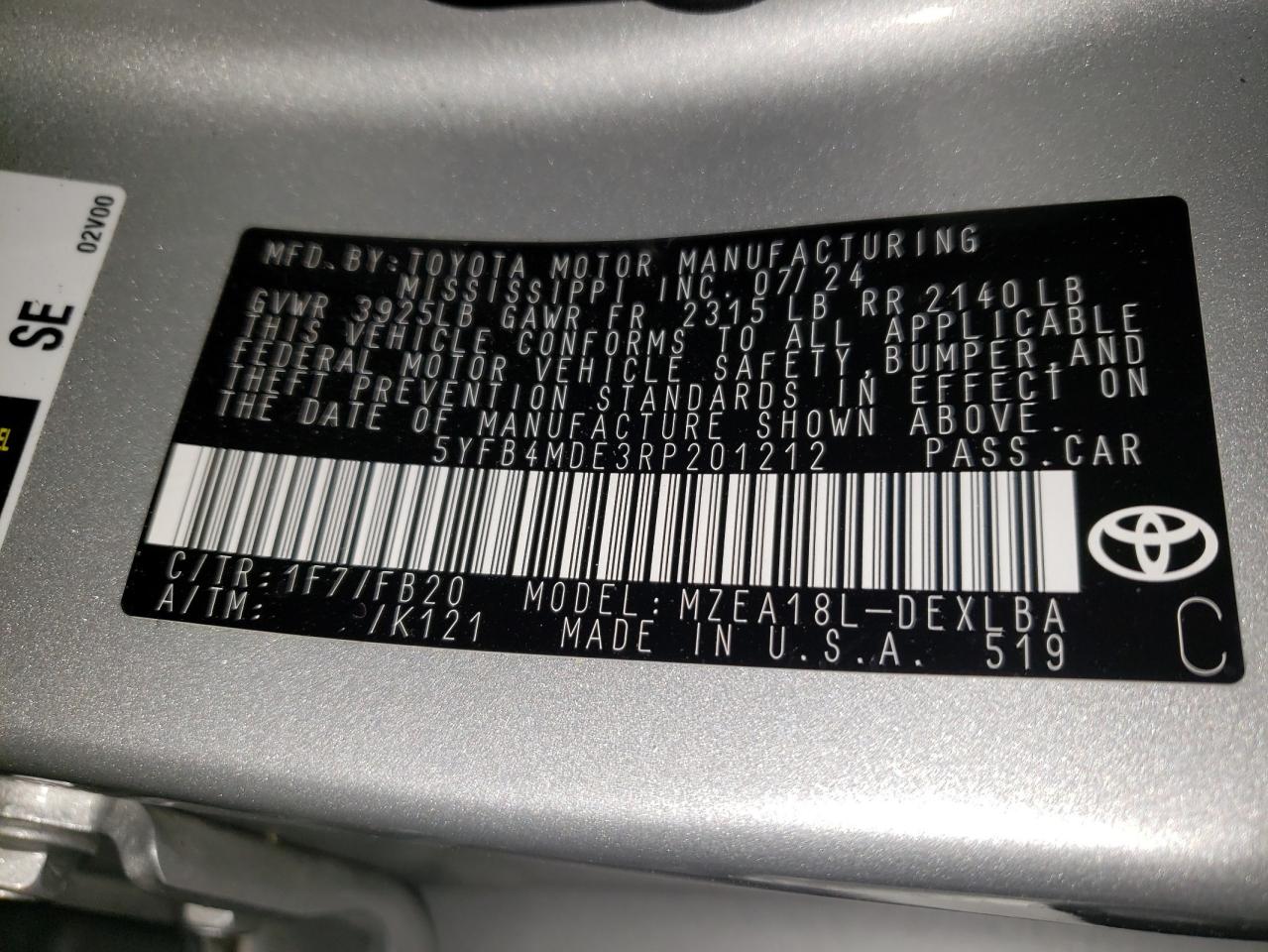 2024 TOYOTA COROLLA LE VIN:5YFB4MDE3RP201212