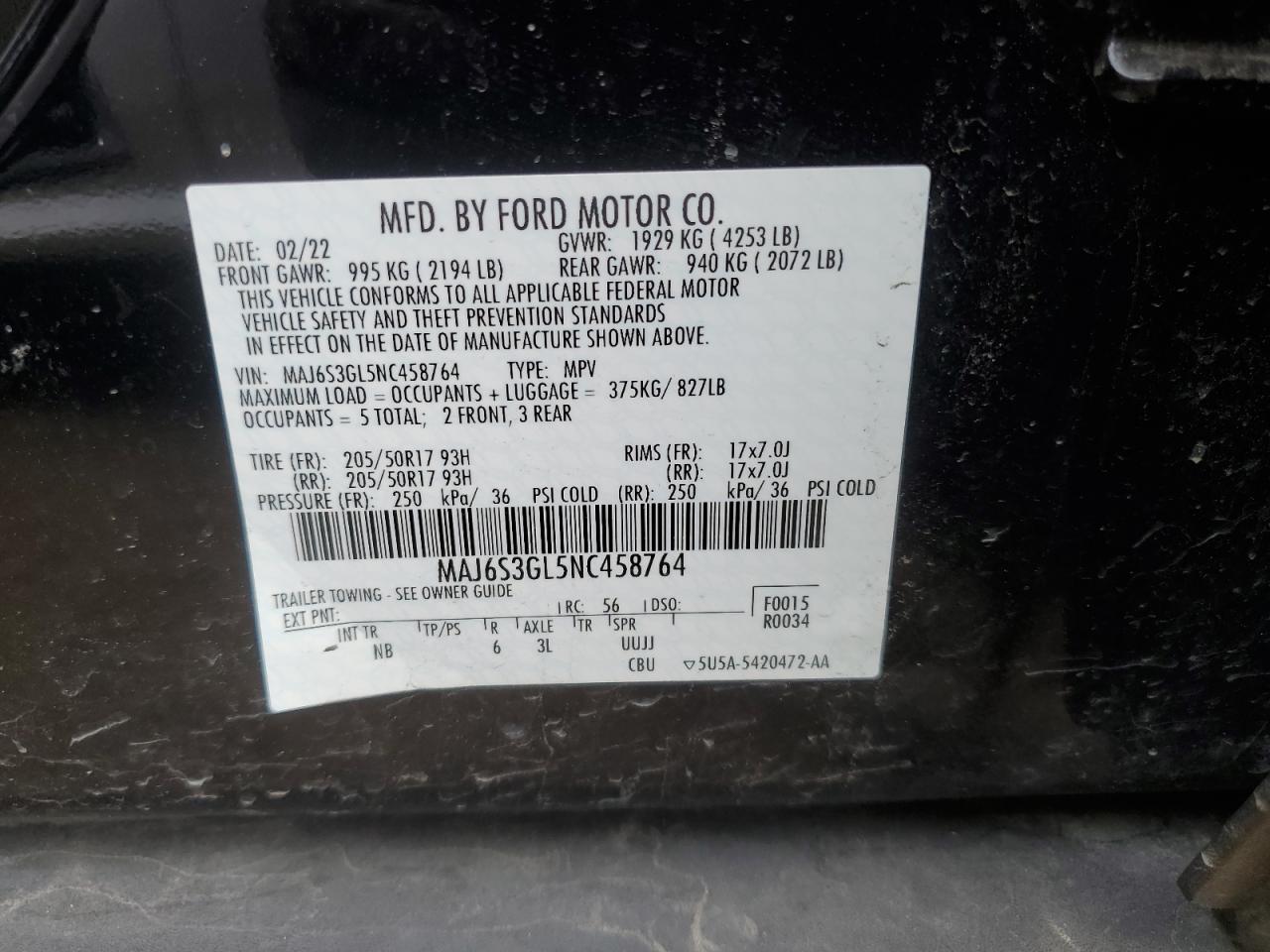 2022 FORD ECOSPORT SE VIN:MAJ6S3GL5NC458764