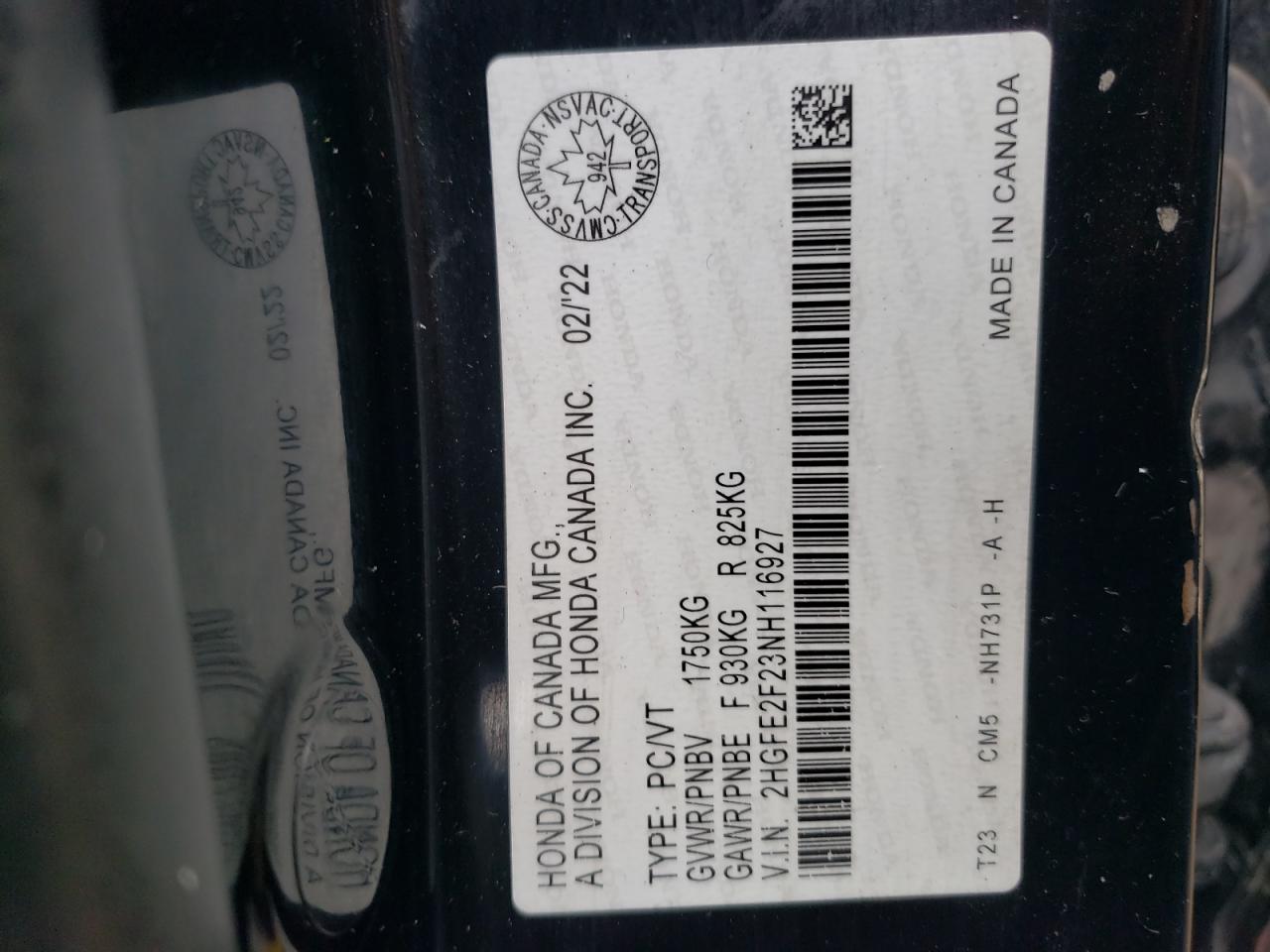 2022 HONDA CIVIC LX VIN:2HGFE2F23NH116927