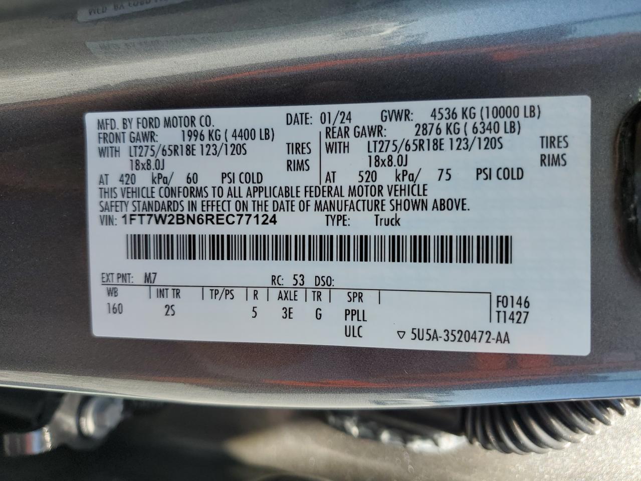 2024 FORD F250 SUPER DUTY VIN:1FT7W2BN6REC77124