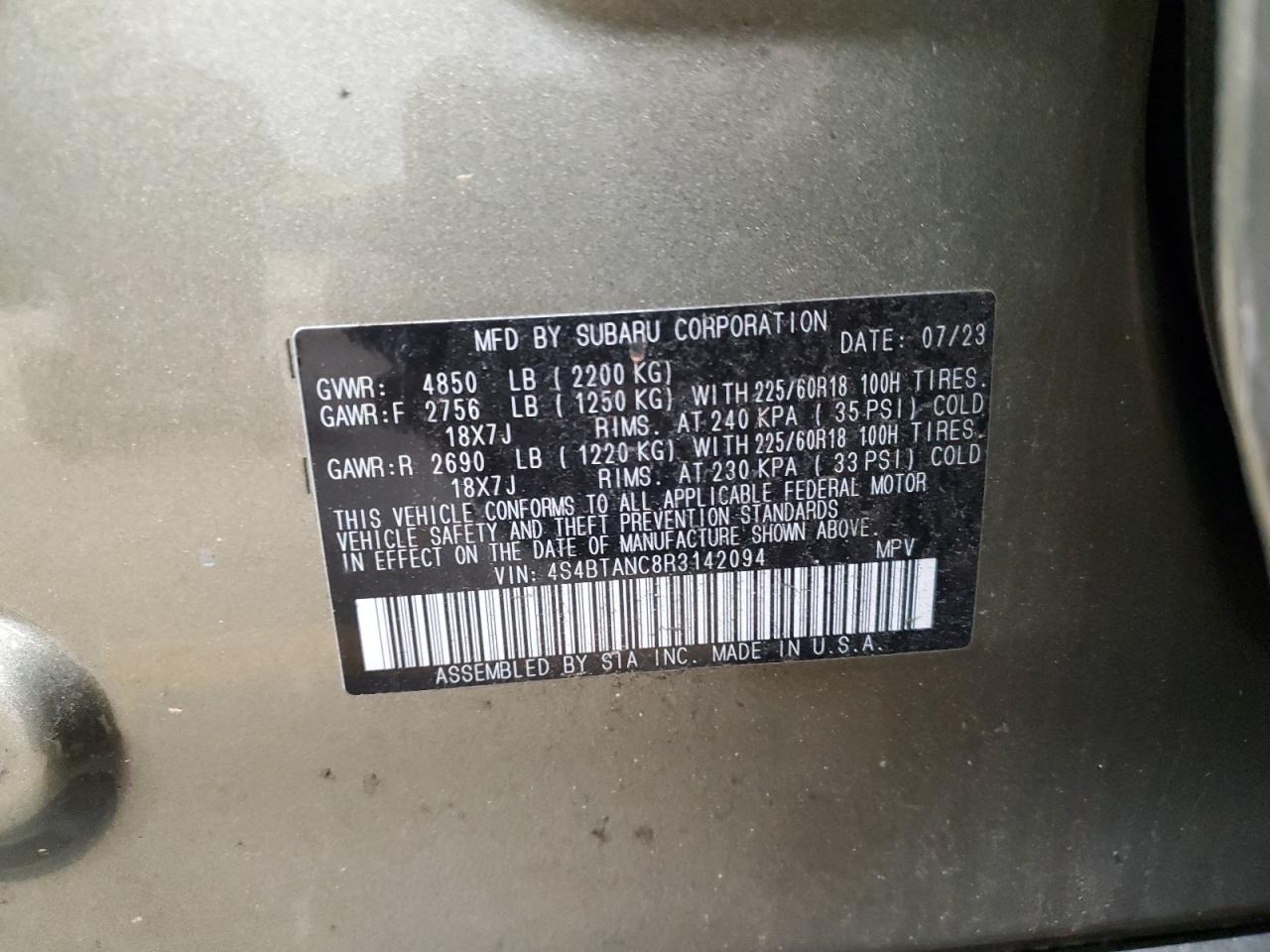 2024 SUBARU OUTBACK LIMITED VIN:4S4BTANC8R3142094