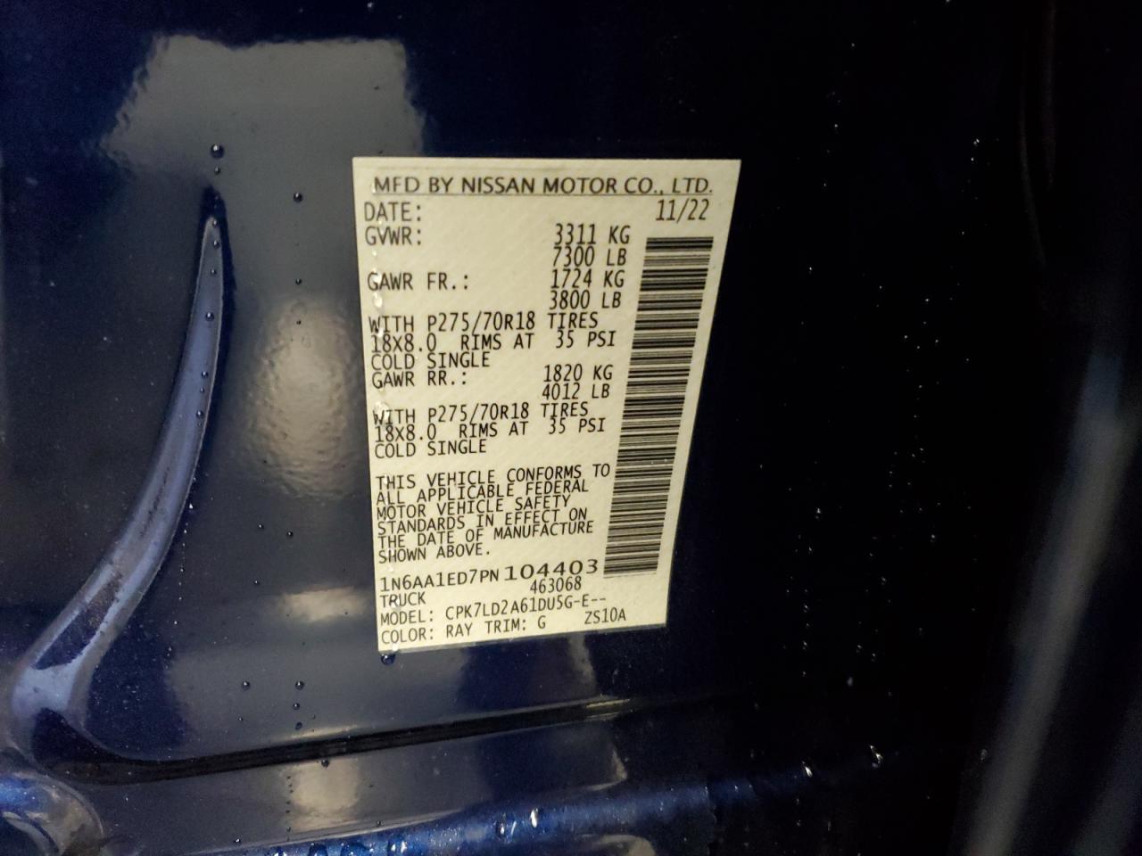 2023 NISSAN TITAN SV VIN:1N6AA1ED7PN104403