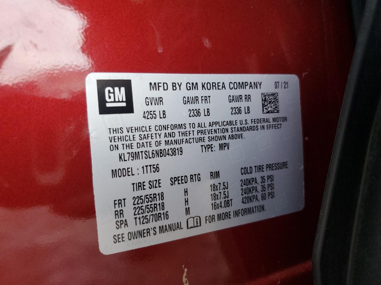 2022 CHEVROLET TRAILBLAZER RS VIN:KL79MTSL6NB043819