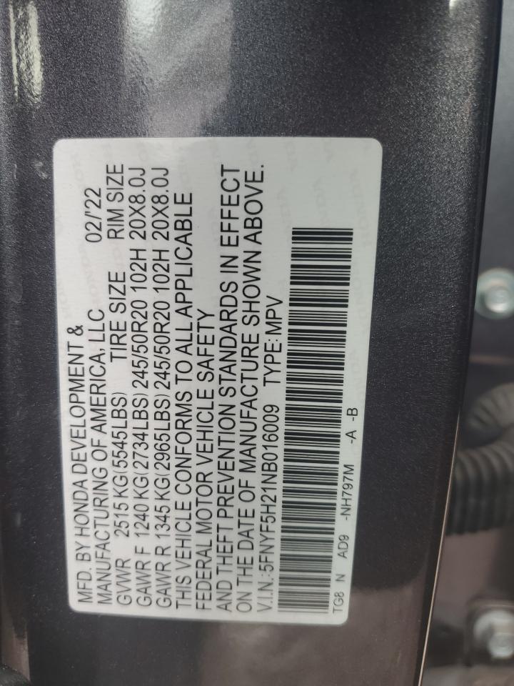 2022 HONDA PILOT SE VIN:5FNYF5H21NB016009