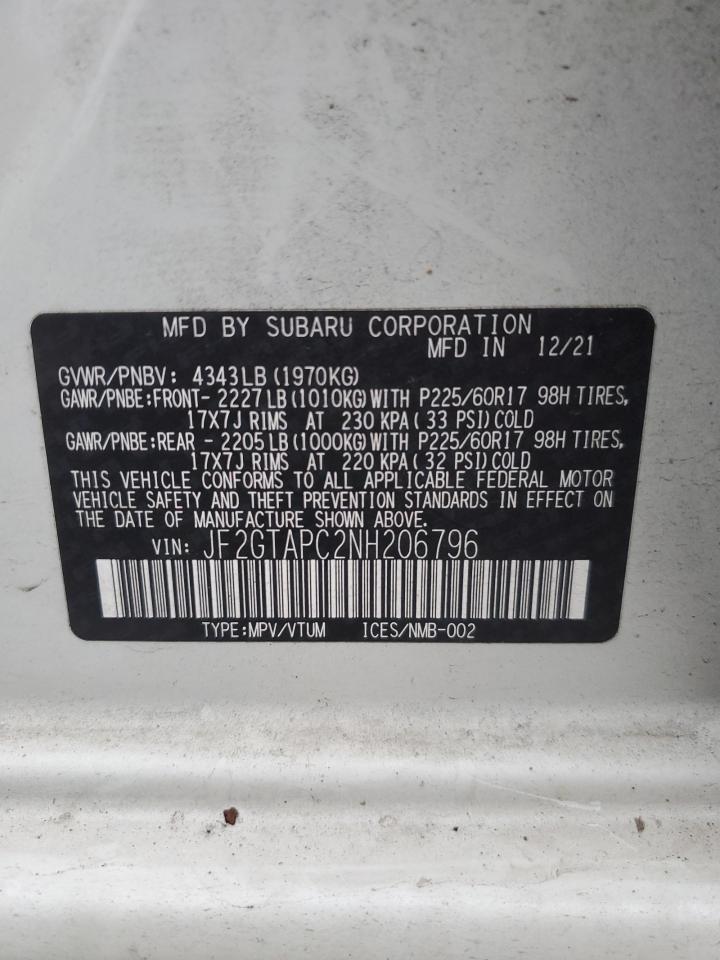 2022 SUBARU CROSSTREK PREMIUM VIN:JF2GTAPC2NH206796