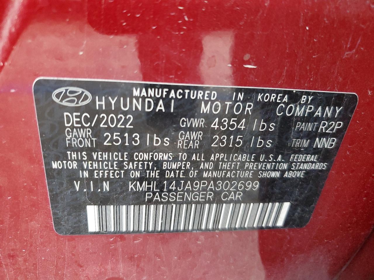 2023 HYUNDAI SONATA SEL VIN:KMHL14JA9PA302699