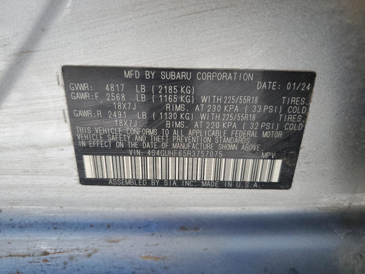 2024 SUBARU CROSSTREK SPORT VIN:4S4GUHF65R3757075