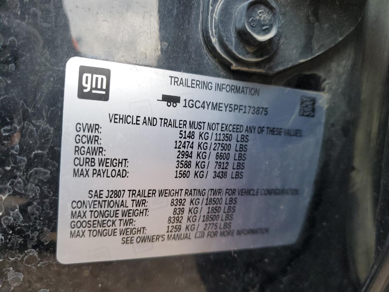 2023 CHEVROLET SILVERADO K2500 CUSTOM VIN:1GC4YMEY5PF173875