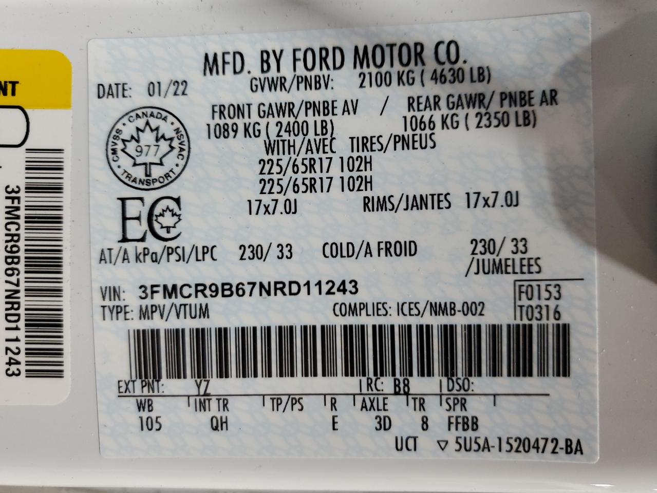 2022 FORD BRONCO SPORT BIG BEND VIN:3FMCR9B67NRD11243