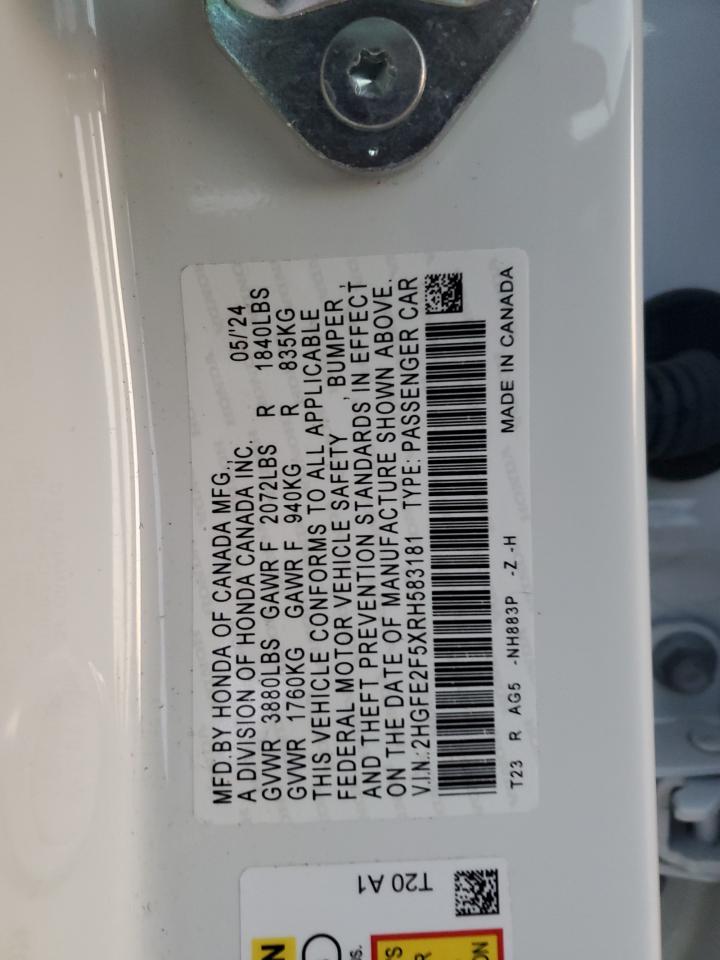 2024 HONDA CIVIC SPORT VIN:2HGFE2F5XRH583181