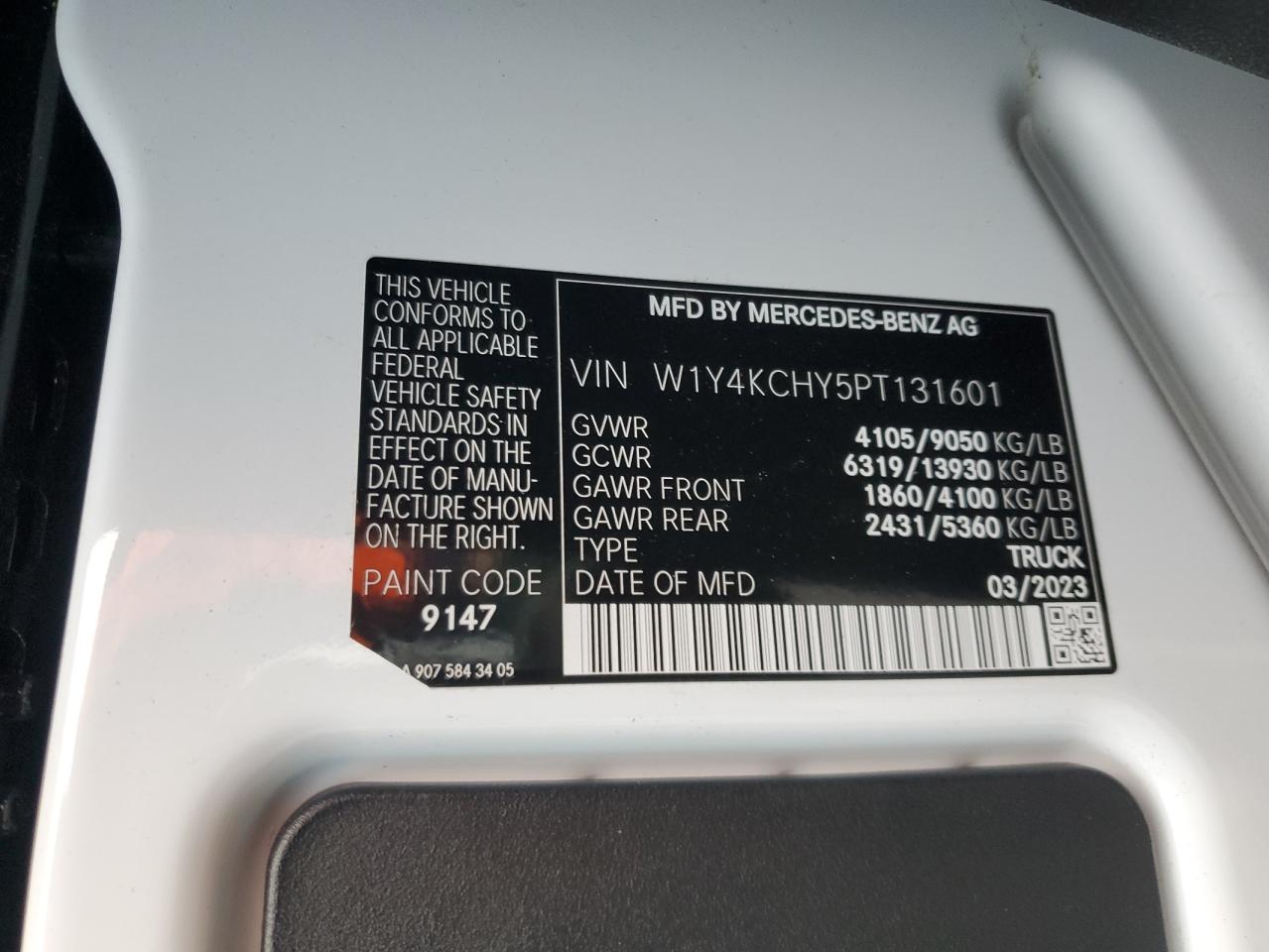 2023 MERCEDES-BENZ SPRINTER 2500 VIN:W1Y4KCHY5PT131601