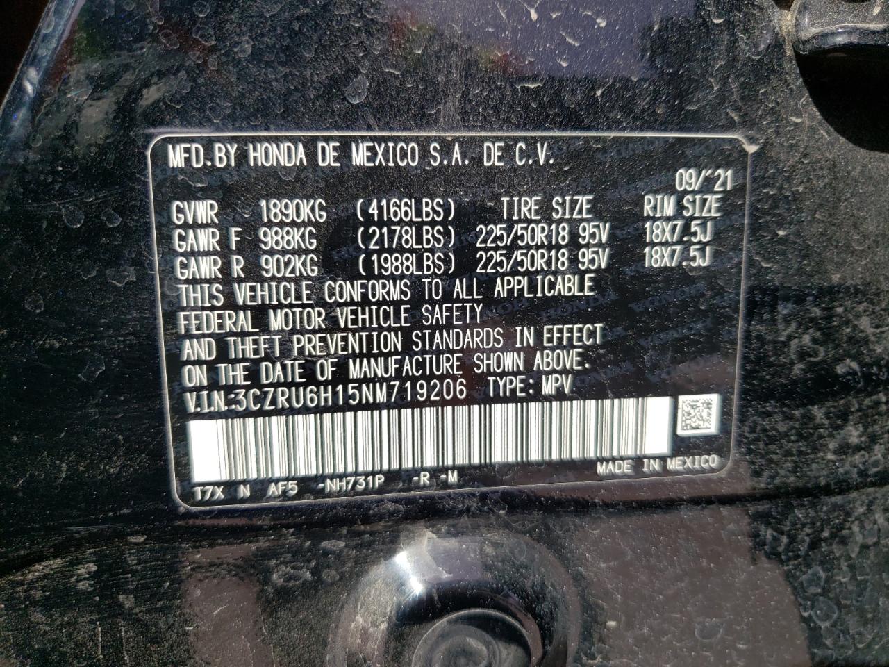 2022 HONDA HR-V SPORT VIN:3CZRU6H15NM719206