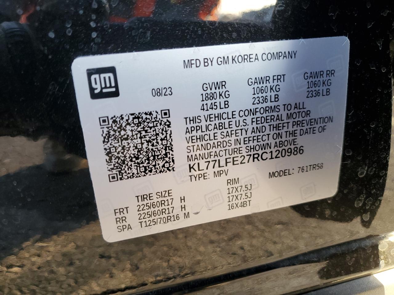 2024 CHEVROLET TRAX LS VIN:KL77LFE27RC120986