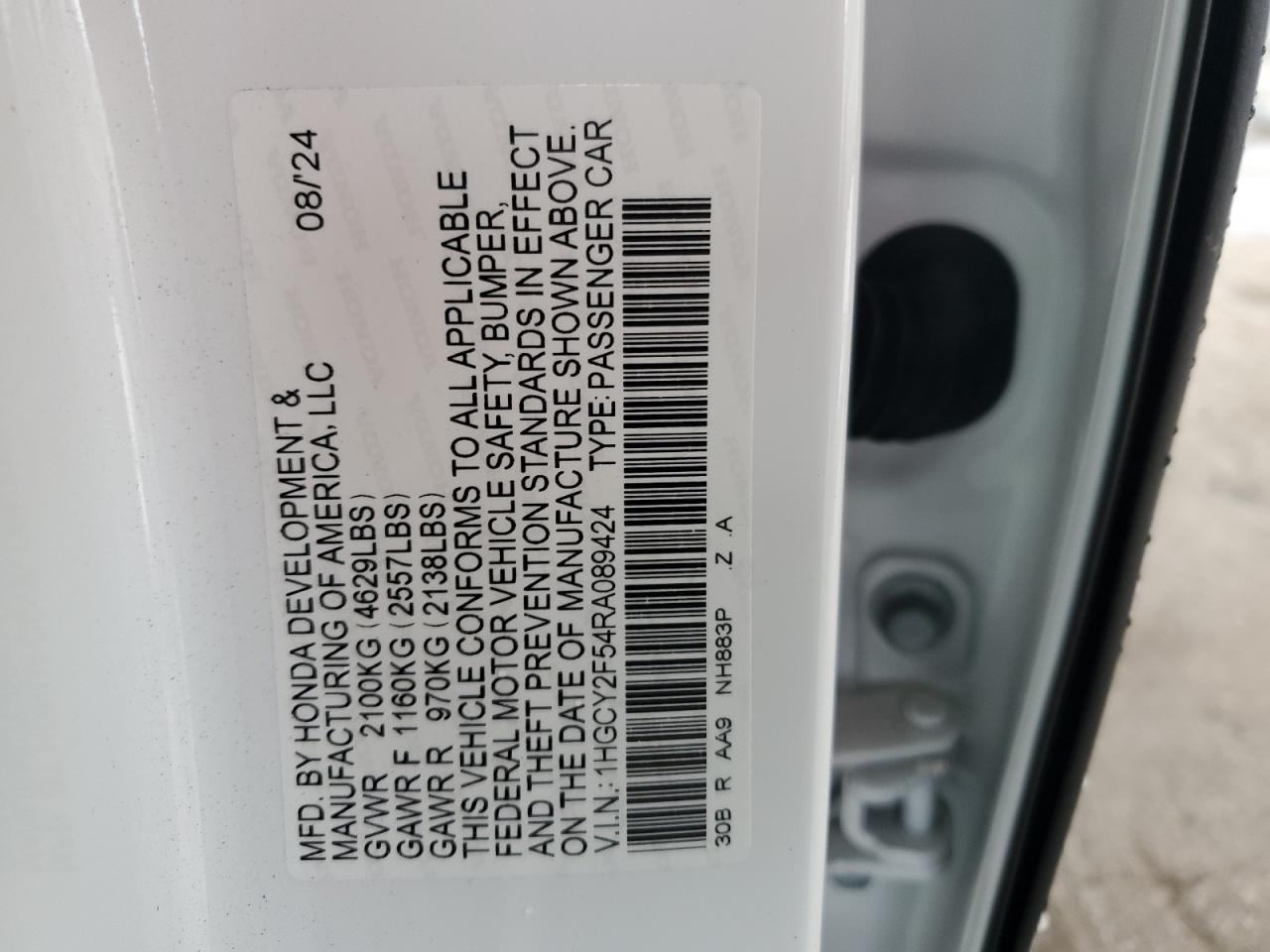 2024 HONDA ACCORD HYBRID SPORT VIN:1HGCY2F54RA089424