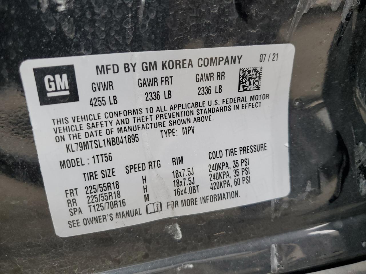 2022 CHEVROLET TRAILBLAZER RS VIN:KL79MTSL1NB041895