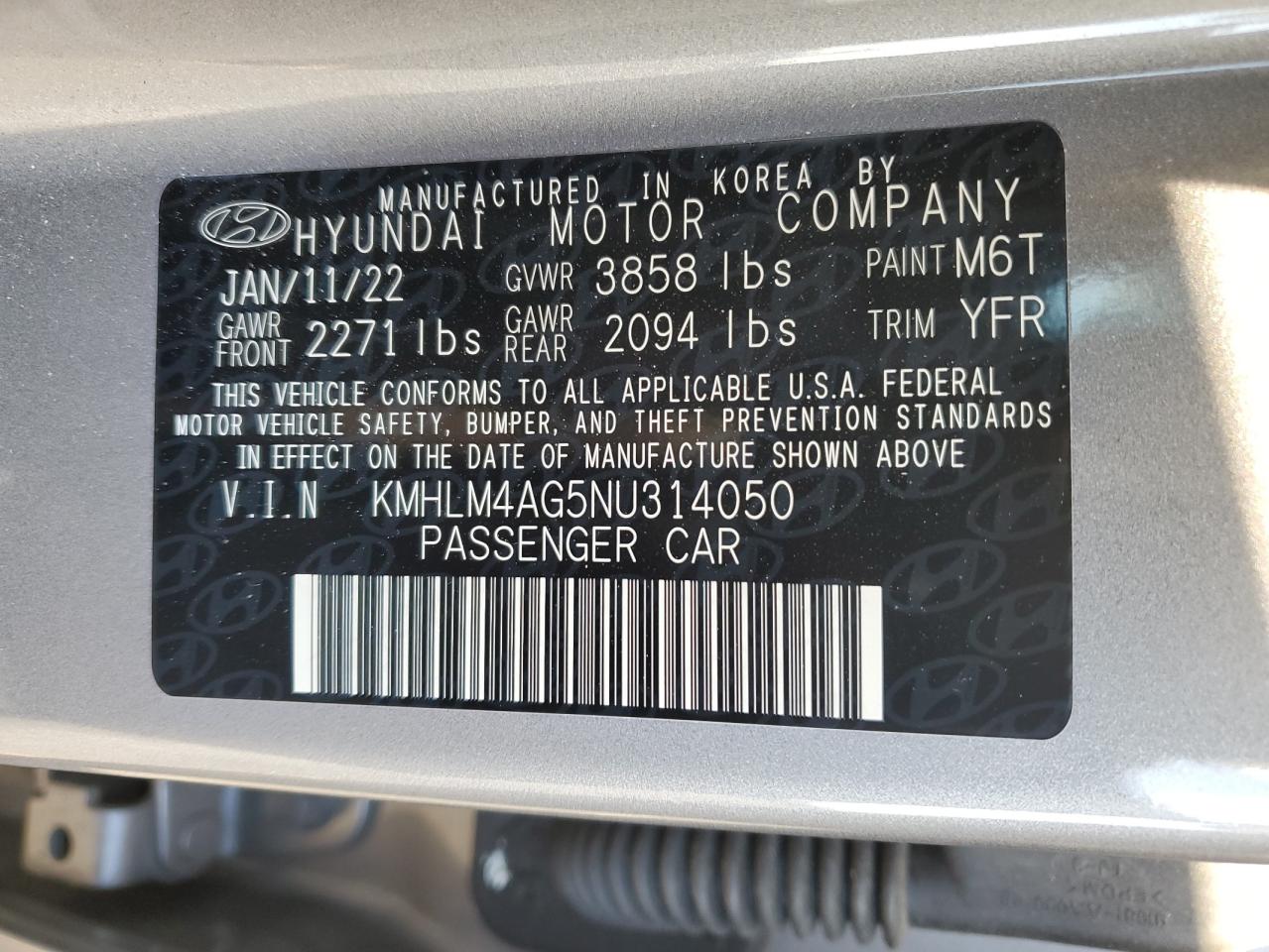 2022 HYUNDAI ELANTRA SEL VIN:KMHLM4AG5NU314050