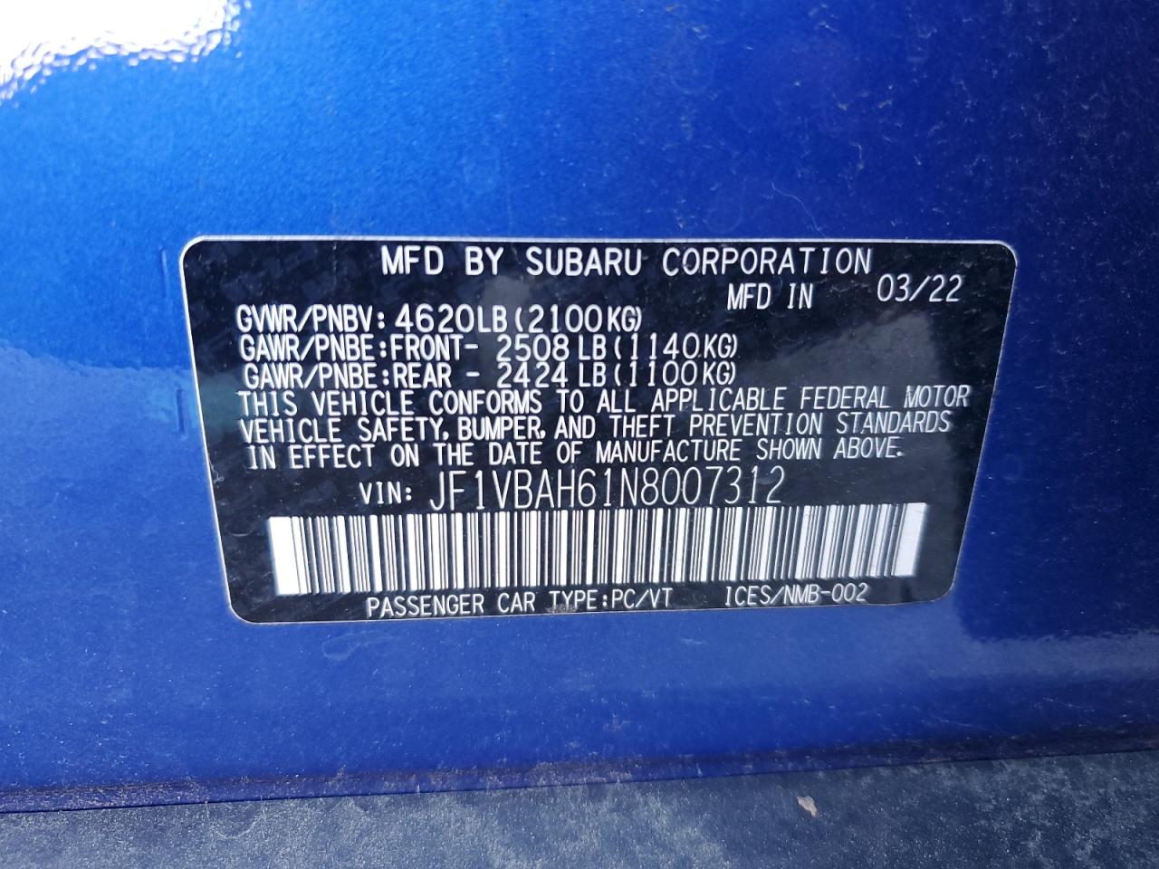 2022 SUBARU WRX PREMIUM VIN:JF1VBAH61N8007312