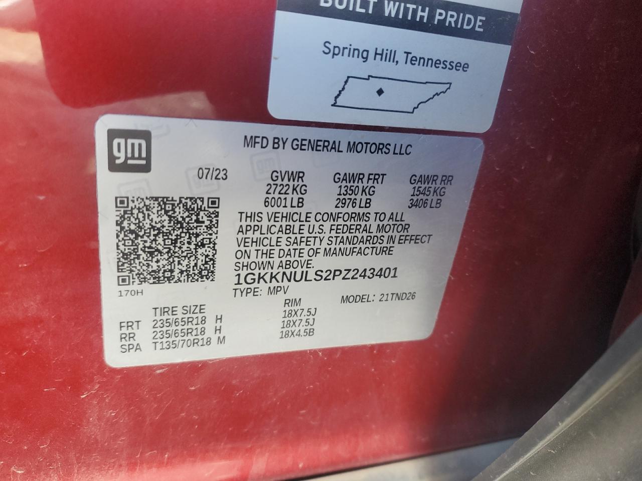 2023 GMC ACADIA SLT VIN:1GKKNULS2PZ243401